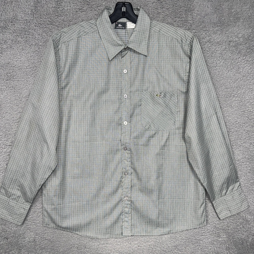 NWT Lacoste Shirt Men's Sz 44 Sage Plaid Check Embroider Logo Button Up Pockets